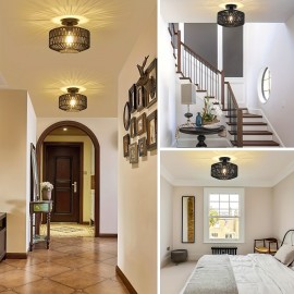 1pc Bohemian Style Semi-Flush Mount Ceiling Light Fixture, Hand-Woven Rattan Shade, Modern Metal Framed, Energy-Efficient, Hard-Wired, E26 Medium Bulb Base, for Bedroom, Living Room, Kitchen, Hallway - No Light Source Included