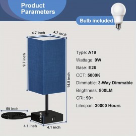 Bedside Table Lamp For Bedroom Set Of 2, 3 Way Dimmable Touch Lamp With USB C+A Charging Ports, Small Nightand Lamps For Bedroom Decor, Living Room, LED Bulbs Included, Upgraded Navy Blue