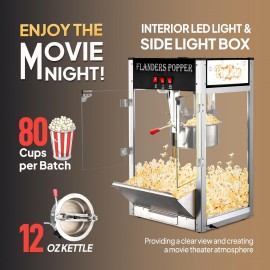 The popcorn machine is equipped with an 8-ounce water bottle and can make up to 32 cups. It is a commercial popcorn machine with a tabletop, featuring a stainless steel spoon, an oil spoon and 3 popcorn cups. It is suitable for home theaters and is black