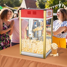 The popcorn machine is equipped with an 8-ounce water bottle and can make up to 32 cups. It is a commercial popcorn machine with a tabletop, featuring a stainless steel spoon, an oil spoon and 3 popcorn cups. It is suitable for home theaters and is black
