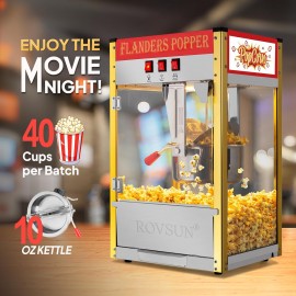 The popcorn machine is equipped with an 8-ounce water bottle and can make up to 32 cups. It is a commercial popcorn machine with a tabletop, featuring a stainless steel spoon, an oil spoon and 3 popcorn cups. It is suitable for home theaters and is black