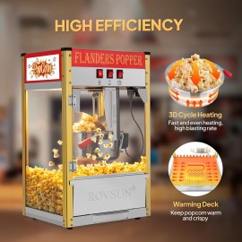 The popcorn machine is equipped with an 8-ounce water bottle and can make up to 32 cups. It is a commercial popcorn machine with a tabletop, featuring a stainless steel spoon, an oil spoon and 3 popcorn cups. It is suitable for home theaters and is black