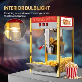 The popcorn machine is equipped with an 8-ounce water bottle and can make up to 32 cups. It is a commercial popcorn machine with a tabletop, featuring a stainless steel spoon, an oil spoon and 3 popcorn cups. It is suitable for home theaters and is black