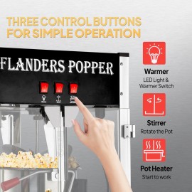 The popcorn machine is equipped with an 8-ounce water bottle and can make up to 32 cups. It is a commercial popcorn machine with a tabletop, featuring a stainless steel spoon, an oil spoon and 3 popcorn cups. It is suitable for home theaters and is black