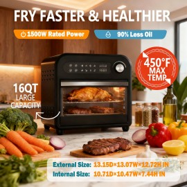 16QT Large Capacity Digital Air Fryer Oven Toaster Combo with 360° Hot Air Circulation, 1500W Fast Preheating & Cooking, Digital Display & Precise Temperature Control, Transparent Door with Window, Healthy Low-Oil Cooking Intelligent Chip Technology