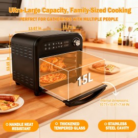 16QT Large Capacity Digital Air Fryer Oven Toaster Combo with 360° Hot Air Circulation, 1500W Fast Preheating & Cooking, Digital Display & Precise Temperature Control, Transparent Door with Window, Healthy Low-Oil Cooking Intelligent Chip Technology