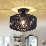 1pc Bohemian Style Semi-Flush Mount Ceiling Light Fixture, Hand-Woven Rattan Shade, Modern Metal Framed, Energy-Efficient, Hard-Wired, E26 Medium Bulb Base, for Bedroom, Living Room, Kitchen, Hallway - No Light Source Included