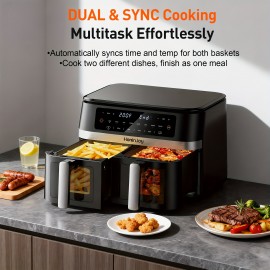 6+6QT Air Fryer Large Capacity 8 Preset Cooking Functions 2-Basket Air Fryer with 2 Viewing Window, Match Cook & Smart Finish to Bake, Roast, Reheat, Broil, Dehydrate & More for Quick, Easy Meals, Including 50 Air Fryer Liners