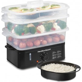 3-Tier Food Steamer & Rice Cooker Combo - 9.5 Quart Large Capacity Multi-Layer Steamer with Auto Shut-Off, Stackable Bowls, Dishwasher Parts, Healthy Quick Cooker for Vegetables, Seafood, Rice, Dumplings (Black)